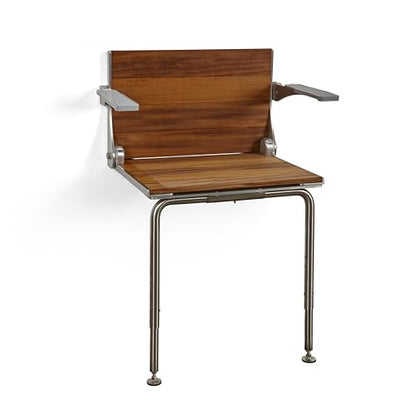Silhouette Comfort Plus Folding Shower Seat with Armrests & Legs – Heavy-Duty Wall-Mounted Shower Bench, Teak Wood Seat with Silver Frame - color: Gray Frame, size: 18.73" x 15.25", style: Teak Wood
