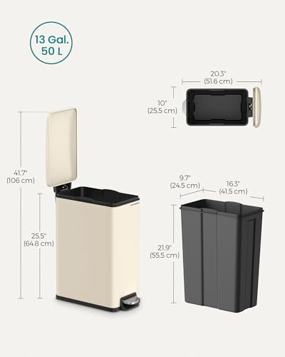 SONGMICS Slim Trash Can, 13-Gallon (50 L) Garbage Can for Narrow Spaces with Soft-Close Lid, Inner Bucket, and Step-on Pedal, Stainless Steel, 15 Trash Bags Included, Sand Beige ULTB510A01 - color: Sand Beige, style: 13 Gal.