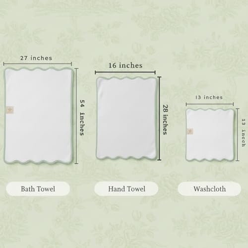 Lotus Linen Scallop Piping Towel Set of 6, 100% Zero Twist Cotton, 2 Bath, 2 Hand Towels, 2 Washcloths, Hanging Loops, Soft Absorbent Bathroom Essentials (Sage Green Piping, Towel Set (Pack of 6)) - color: Sage Green Piping, size: Towel Set (Pack of 6)