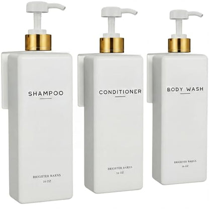 Luxury Shampoo and Conditioner Dispenser Set Wall Mounted by Brighter Barns - Refillable Shampoo Conditioner Body Wash Bottles - Wall Mounted Shower Dispenser for White and Gold Bathroom (White/Gold) - color: White/Gold