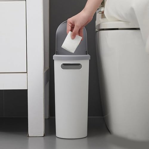 Slim Bathroom Trash Can with Press Top Lid, 2.1 Gallon Slim Garbage Can Bathroom with Press Top Lid, White Rectangular Trash Bin Waste Basket for Toilet, Bedroom, Camper (Gray)