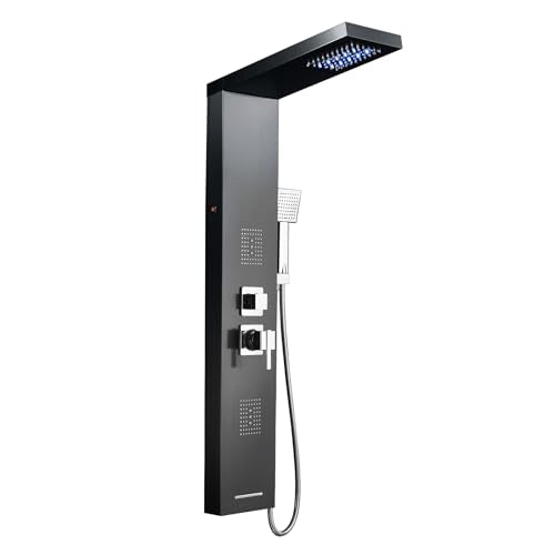 5-in-1 LED Shower Panel Tower System Stainless Steel Black | LED waterfall + rainfall | 2-in-1 body jets | Handheld shower | Bathtub filler | Wall mount - color: Black