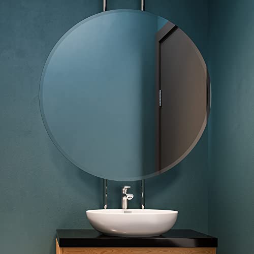 36 Inch Round Frameless Bathroom Vanity Mirror with Beveled Edge - Shatterproof Circle Wall Mounted Decorative Glass with Safety Backing for Living Room Bedroom Hallway Entryway - Fab Glass and Mirror - size: 36"L x 36"W, style: Round