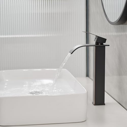 Bathroom Faucet Oil Rubbed Bronze, Bathfinesse Faucet for Bathroom Sink 1 Hole One Handle Deck Mount Veseel Sink Bowl with Pop-up Drain Stopper and Supply Hoses - color: Oil Rubbed Bronze, size: Tall with Drain Assembly