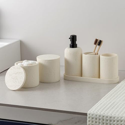 Bathroom Accessories Set,4 PCS Travertine Stone Look Collection,Cream | Modern Bath Organizer with 13.53OZ Soap Dispenser,Toothbrush Holder,Tumbler,Vanity Tray,2PCS Cotton Swab Jars for Countertop - color: Cream 6 Pcs