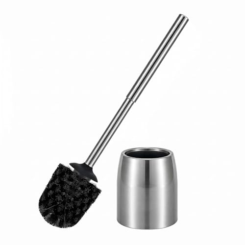 SUS304 Stainless Steel Toilet Brush and Holder Set Stain Nickle 12In Handle BristlesToilet Bowl Brush Cepillo para Baños Bathroom Brushes Cleaning Brush with Case Anti-Rust Brushed Silver
