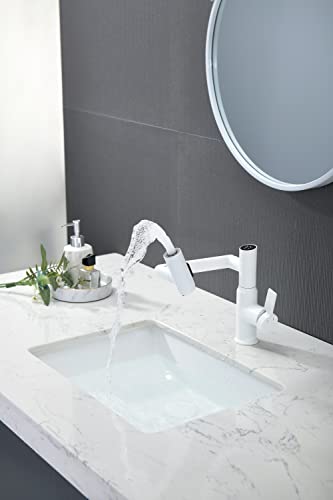 Rotatable Bathroom Faucet with Temperature Display in Fahrenheit (Batteries-Free), 3 Water Outlet Modes, White, BF2204-4 - color: White