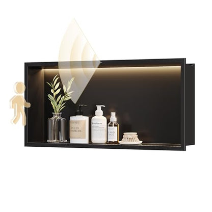 Smart Body Sensor Shower Niche, Black 24"x12" | Recessed Wall Niche with White 3000K LED Light , Waterproof &Rustproof, 304 Stainless Steel Bathroom Cabinet - size: 24X12In