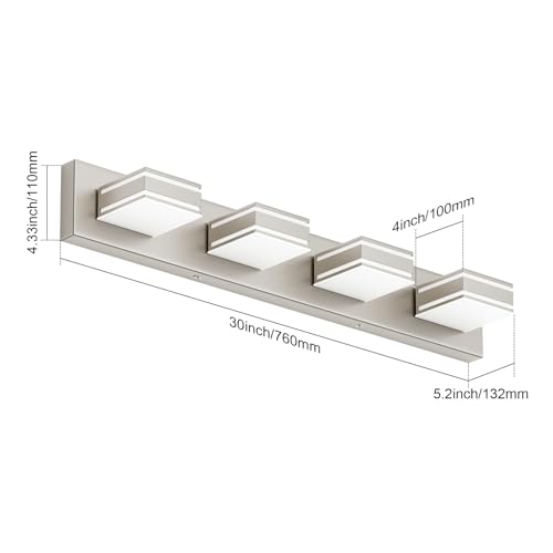 Ralbay 30inch Brushed Nickel Vanity Light for Bathroom 4-Light Metal Acrylic Modern LED Bathroom Light Fixtures - color: Brushed Nickel, size: 30 inch