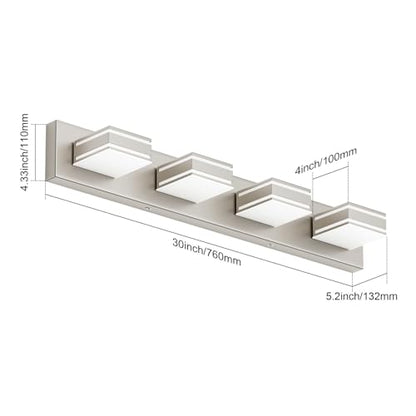 Ralbay 30inch Brushed Nickel Vanity Light for Bathroom 4-Light Metal Acrylic Modern LED Bathroom Light Fixtures - color: Brushed Nickel, size: 30 inch