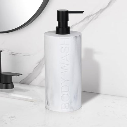 Resin White Marbled Body Wash Engraved Bottle Refillable Pump Dispenser, Durable Waterproof Construction for Bath, Shower - Resin White Marble - Matte Black Pump - color: Body Wash White Marbled