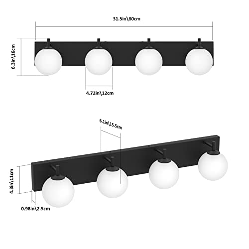 Aipsun Bathroom Light Fixtures, 4 Lights Matte Black Vanity Light, Modern Wall Sconces Lighting, Modern Bath Wall Mounted Lights with Milky Glass Globe(Exclude Bulb) - color: Black, size: 4 Lights