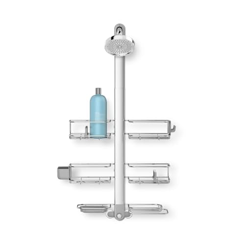 simplehuman X-Large Adjustable Hanging Shower Caddy, Handheld Showerhead Compatible, Family-Size Bathroom Organizer with 12-Inch Extended Neck, Adjustable Shelves, Rust-Proof Stainless Steel - style: Extra-Large