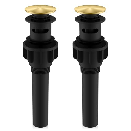 2 Pack Brushed Gold Pop Up Bathroom Sink Drain Assembly with Overflow | Bathroom Vanity Sink Drain Assembly, Built-in Anti-Clogging Strainer, Plastic Pop Up Drain for Bathroom Vanity Lavatory Sink - color: Brushed Gold X 2, size: Big Pop up Cap (With Over
