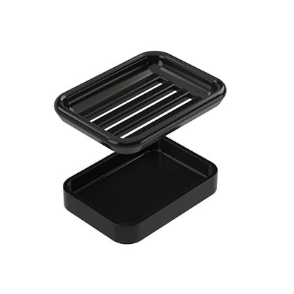 2-Piece Composite Granite Soap Dish for Shower - Elegant Stone-Look Bar Soap Holder with Strainer - Durable & Non-Porous Soap Tray for Bathroom and Kitchen Sink, Easy Clean (Black) - color: Black