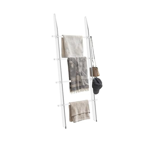 Blanket Ladder 5.6FT for Bathroom, 4 Tier Modern Decor Waterproof Blanket Holder for Living Room and Bedroom, Easy Assembly Clear Acrylic Ladder Shelf, Leaning Quilt Rack with Anti Slip Pads