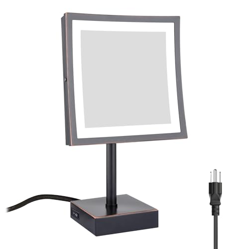 DOWRY Tabletop LED Lighted 5X Magnifying Square Makeup Mirror with Plug,8 Inch, Polished Oil Rubbed Bronze Finished - color: Oil Rubbed Bronze