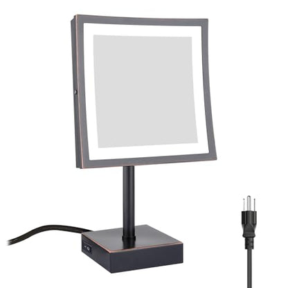 DOWRY Tabletop LED Lighted 5X Magnifying Square Makeup Mirror with Plug,8 Inch, Polished Oil Rubbed Bronze Finished - color: Oil Rubbed Bronze