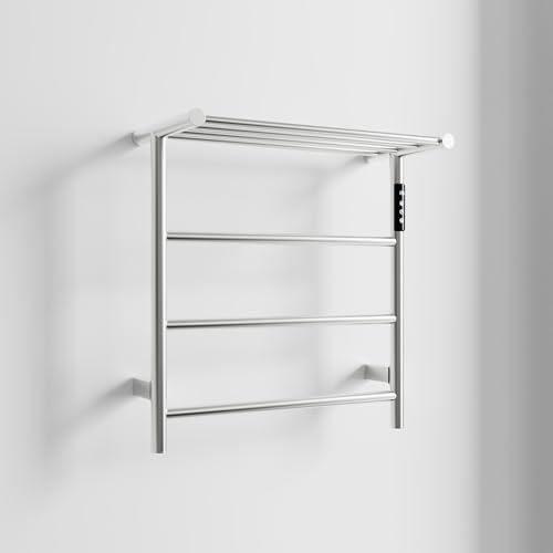Towel Warmers for Bathroom, Stainless Steel Heated Towel Racks with Top Shelf, Wall Mounted Towel Heater with Intelligent Touch Screen Timer & Temperature Adjustment, Plug-in/Hard-Wired - color: Brushed Nickel, size: 3-Bar with Top Shelf