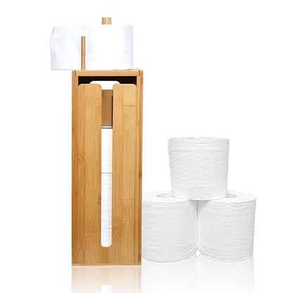 Bamboo Toilet Paper Holder Stand with Storage Shelf Box, Freestanding Bathroom Tissue Organizer and Wipes Dispenser, Reversible Use Lid, Eco-Friendly Natural Wood Home Decor Gift