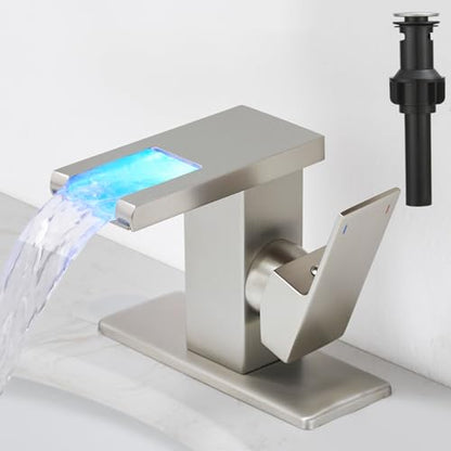 Hoimpro LED Bathroom Faucet, Single Handle Sink Faucets Brushed Nickel | Waterfall Widespread Faucet, 3 Colors Light Changing, with Pop-up Drain & cUPC Supply Lines, for Sink Vanity RV Restroom - color: Brushed Nickel