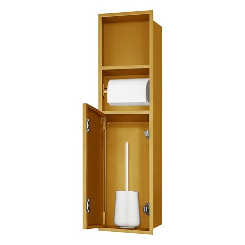 OKYSHDF in Wall Toilet Paper Holder, Only Fits 6.2"x30.6"x4.9", Gold Recessed Tissue Paper Roll Dispenser with Cabinet for Bathroom Remodel, Stainless Steel Toilet Brush Holder for Toilet Brush - color: Gold, size: 7.1"x31.5"x4.9"