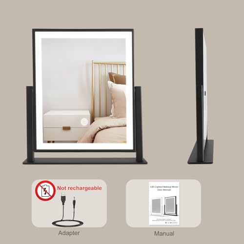 Beelux Vanity Mirror with Lights,15.3" Makeup Mirror with Light Smart Touch Control Dimmable 3 Modes Lighted LED Mirror 360°Rotation Black for Christmas Birthday Thanksgiving Mother's Day - size: 15.3"L x 12.6"W