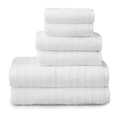 Welhome James 100% Cotton Towel Set of 6 - Textured Stripe Towels for Bathroom - 6 Piece Set of 2 Bath Towels, 2 Hand Towels, 2 Washcloths, Soft & Absorbent, White - color: White, size: 6 Piece Towel Set
