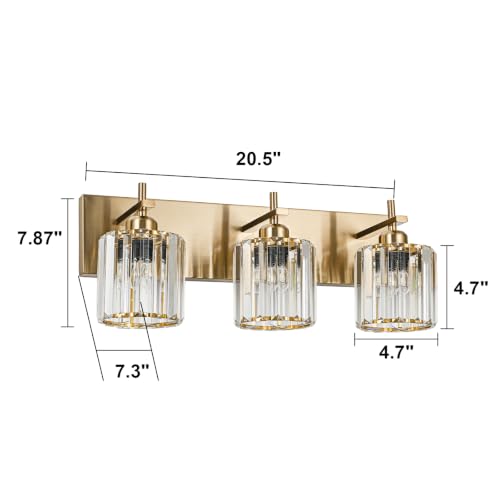 Modern Crystal Bathroom Vanity Lights, Gold 3-Lights Bathroom Light Fixtures Over Mirror, Crystal Wall Lighting with Polished Brass Finish - color: Gold-Round Shade, size: 3-Light