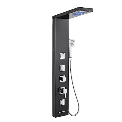 5-in-1 LED Shower Panel Tower System Stainless Steel Black | Rainfall + waterfall heads | 3 massage jets | Handheld shower | Tub spout | LED lights | Wall mount - color: Black