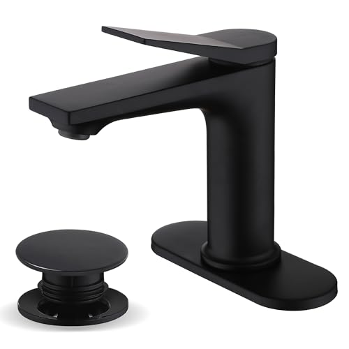 Rbrohant Single Hole Bathroom Faucet, Matte Black Single Handle Bathroom Sink Faucets for 1 Hole, Bathroom Vanity Faucet with Pop up Drain and Cover Plate, Deck Mount, R2001-MBP - color: Matte Black, style: With Escutcheon