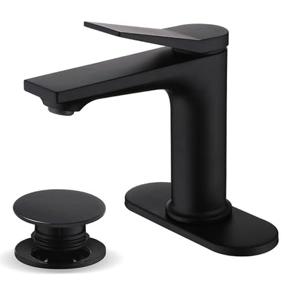 Rbrohant Single Hole Bathroom Faucet, Matte Black Single Handle Bathroom Sink Faucets for 1 Hole, Bathroom Vanity Faucet with Pop up Drain and Cover Plate, Deck Mount, R2001-MBP - color: Matte Black, style: With Escutcheon
