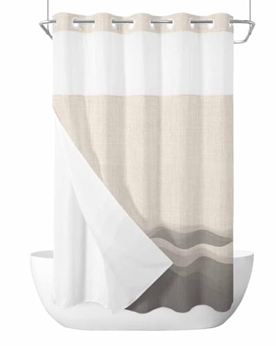 No Hook Shower Curtain and Snap in Liner Set, Grey Beige Ombre Bathroom Stall Shower Curtains 36x72 Inch, See Through Mesh Top Window, Minimalist Ocean Waves Linen Hotel Style, Washable Waterproof - size: 36"W x 72"L (Pack of 1)