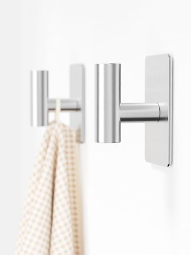 Wall Towel Hooks, Heavy Duty Adhesive Hooks(Brushed Silver, 2 Pack) | Self-Adhesive, Stainless Steel, Rust Resistant, No Drill, Easy Install, Space Saving - color: Silver, size: 2 Pack