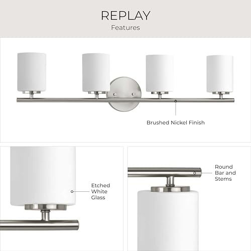 Progress Lighting 4-Light Etched White Glass Modern Bath Vanity Light, Replay Collection, Brushed Nickel (P2160-09) - color: Brushed Nickel, size: 4-Light