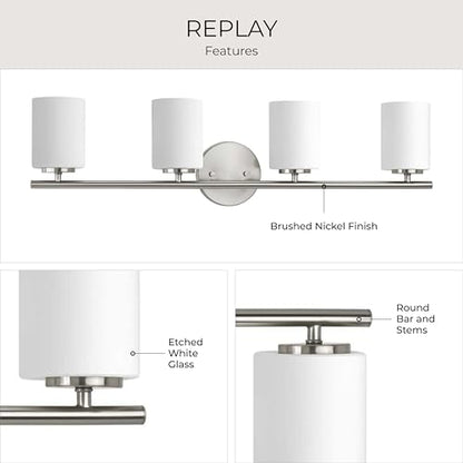 Progress Lighting 4-Light Etched White Glass Modern Bath Vanity Light, Replay Collection, Brushed Nickel (P2160-09) - color: Brushed Nickel, size: 4-Light
