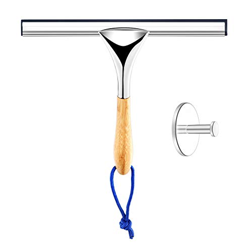 ToiletTree Products All Purpose Bamboo Stainless Steel Squeegee - Rust Proof Deluxe Squeegee with Hanging Hook – Hand Wiper for Shower Doors, Bathroom, Car Window & Kitchen (Bamboo)