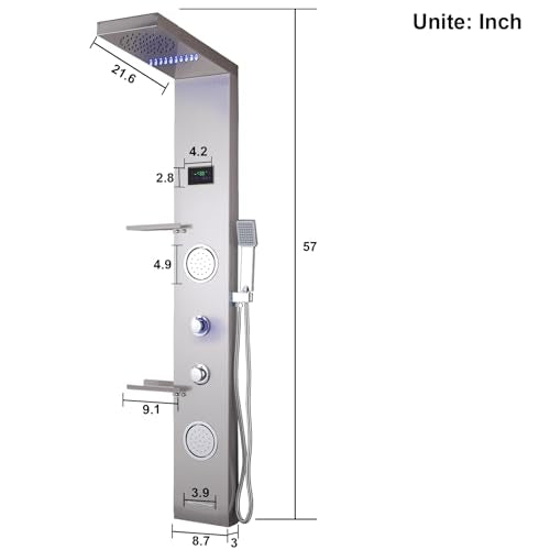 LED Shower Panels Tower System, LCD Temperature Display with Shelf, 304 Stainless Steel System with Rainfall Shower Head with Handheld Massage Body Jets Waterfall Bathtub, Brushed Nickel - color: Brushed Nickel