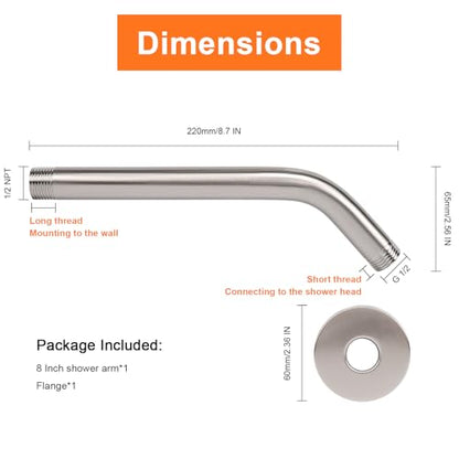 Shower Arm with Flange and Teflon Tape, Wall Mounted Shower Pipe 304 Stainless Steel Extension Arm for Fixed Shower Head & Handheld (8 Inch, Brushed Nickel) - color: Brushed Nickel, style: 8 Inch