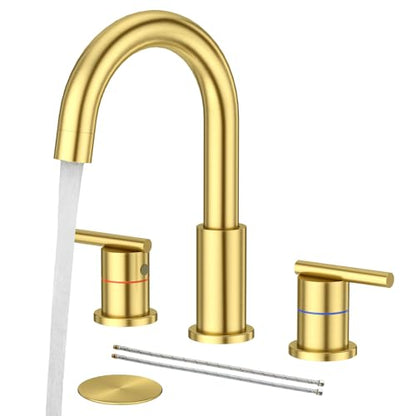 Faustina Gold Faucet Bathroom,Brushed Gold Bathroom Faucets 3 Hole,8 Inch Widespread Bathroom Faucet,4 Inch 12 Inch Bathroom Faucet with Drain Assembly,2-Handle Stainless Steel(Supply Line) - color: Gold, style: Modern Widespread