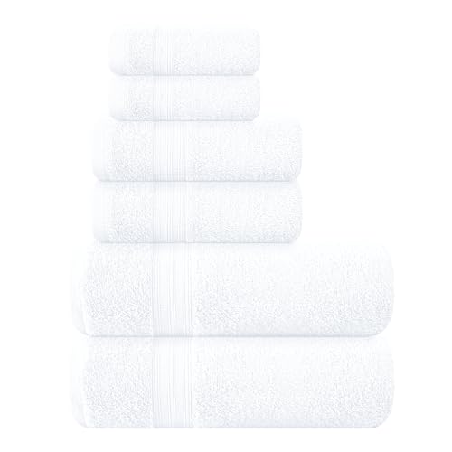 BOUTIQUO 6 Pack Cotton Towel Set, Contains 2 Bath Towels 27x54 inch, 2 Hand Towels 16x24 inch & 2 Wash Coths 12x12 inch, Ideal Everyday use, Ultra Soft Compact & Lightweight - White - color: White, size: 6 Piece Towel Set