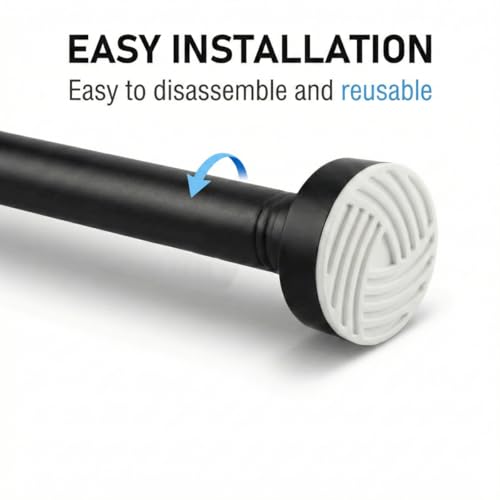 Matte Black Adjustable Shower Curtain Rod 1 Inch Diameter 29.5"-69.7" Inches - No Drill Tension Rod with Anti-Slip ABS Base, Stainless Steel Spring & Rust-Resistant Coating