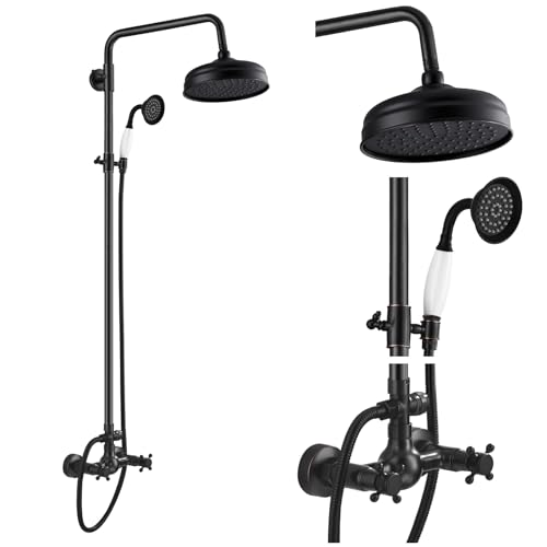 gotonovo Exposed Shower Faucet Set Luxury,Oil Rubbed Bronze,Straight Rod | Bathroom 8” Shower Head with Handheld Spray System Fixtures,Vintage Two Cross Handle,Wall Mount,for 5-6.7" Hole,Adjust Height - color: Bronze