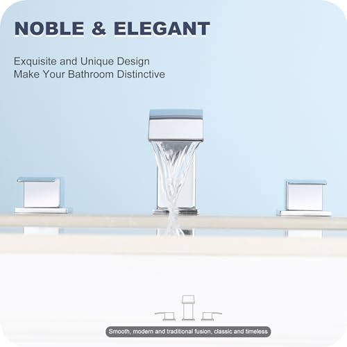 GAGALIFE 8 Inch Waterfall Bathroom Faucets for Sink 3 Hole - Chrome Bathroom Faucet with Pop-up Drain, Widespread Bathroom Sink Faucet 2-Handles, Patent No. : US D967,340 S - color: Chrome, style: With Drain
