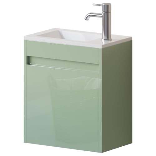 wonline 16" Floating Bathroom Vanity with Sink, Wall Mounted Resin Basin Cabinet Combo for Small Bathrooms, High Gloss Green, Includes Chrome Faucet & Pop Up Drain - color: Green