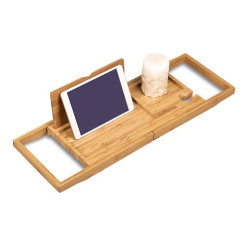 JEOZBM Bath Tray, Bamboo Bath Table Tray, Retractable Bathtub Shelf,Bathtub Caddy Tray, Expandable Bathroom Accessories for Wine, Phone, Book(90CM-Bamboo) - color: Bamboo