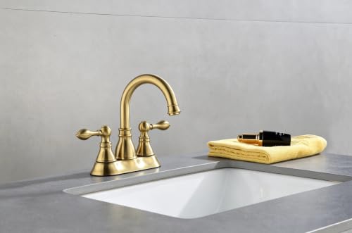 Brushed Gold 4 Inch Centerset Bathroom Sink Faucet 3 Hole with Pop up Drain | Derengge High Arc Classic 2-Handle Bathroom Faucet, Vanity Lavatory Faucet with 360° Swivel Spout，F-4501-CS - color: Brushed Gold