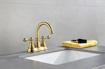 Brushed Gold 4 Inch Centerset Bathroom Sink Faucet 3 Hole with Pop up Drain | Derengge High Arc Classic 2-Handle Bathroom Faucet, Vanity Lavatory Faucet with 360° Swivel Spout，F-4501-CS - color: Brushed Gold