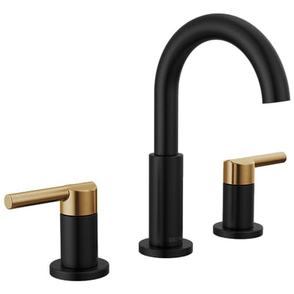 Delta Nicoli Matte Black/ Brushed Gold Faucet 3 Hole, 8 Inch Widespread Bathroom Sink Faucet for Vanity, Push-Pop Drain Assembly, Matte Black/ Champagne Bronze 35749LF-GZ