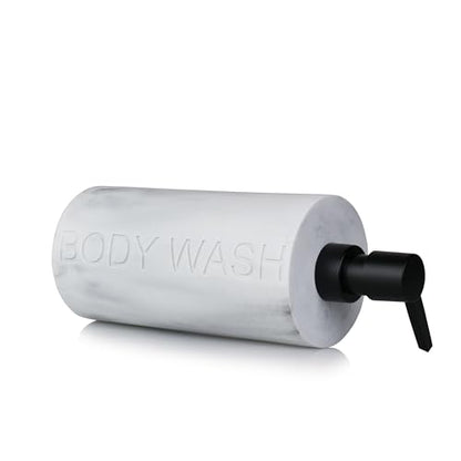 Resin White Marbled Body Wash Engraved Bottle Refillable Pump Dispenser, Durable Waterproof Construction for Bath, Shower - Resin White Marble - Matte Black Pump - color: Body Wash White Marbled
